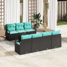 Set de canapea cu perna Manual 8 pcs Negru si Turcoaz poliratan GartenMobel Dekor