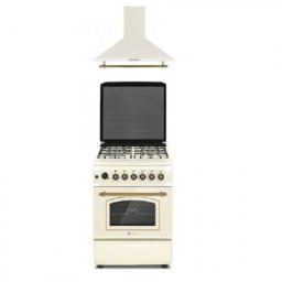 Pachet Aragaz Rustic Sienna Fe60/60G + Hota Onda Beige, Rotisor, Cuptor Pe Gaz, 4 Arzatoare Gaz, Grill Gaz, Ventilator, Gratare Fonta, 60 Cm, Culoare Crem