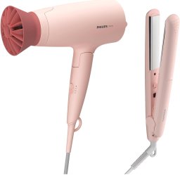 Set de coafat Philips, 1600W, accesoriu Thermo Protect, 3 setari de viteza/temperatura, cap de coafare 14 mm, placi cu infuzie de cheratina, Roz piersica