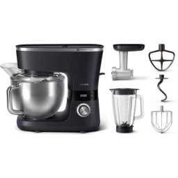 Robot de bucatarie Philips HR7962/21, seria 7000, 1000 W, 8 setari de viteza,Tehnologie ProKnead, Sistem de amestecare perfecta, carlige pentru aluat, paleta si tel, Castron de 5,5 l, Capac antistropire, Cronometru inteligent cu LED, Negru-Argintiu