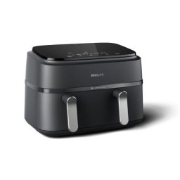 Friteuza dubla fara ulei Philips Airfryer Seria 3000 NA351/00, tehnologia Rapid Air, 2 recipiente de 2 dimensiuni, afisaj digital, 8 presetari, capacitate 9 litri, 2750 W, cronometru, compatibila cu HomeID, Negru