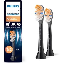 Set de 2 capete Philips Sonicare A3 Premium All-in-One Soft HX9092/88, Rigiditatea perilor moale, Dimensiune standard, Margini moi si flexibile din cauciuc, Negru