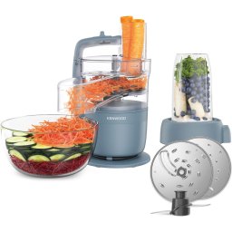 Robot de bucatarie compact Kenwood MultiPro Go FDP23.380GY, 650W, vas 1.3L, blender 600 ml, 2 trepte viteza, functie 360 Express Serve pentru feliere/razuire nelimitata, Albastru