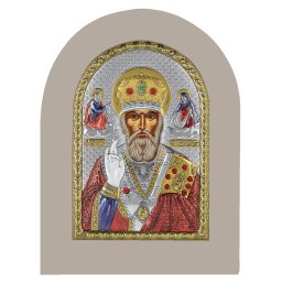 Icoana Argint Sfantul Nicolae 7.5x9.5 cm Color cu Rama Alba