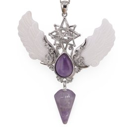 Pandantiv angelic cu Merkaba, Pendul din Ametist si Aripi Sidef, 10cm