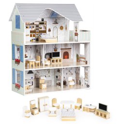 Casa de papusi Emma din lemn cu mobilier, 3 niveluri si 10 piese, 3+ ani