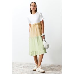 Trendyol Multicolored Color Blocked A-Line/Bell Form Crew Neck Short Sleeve Knitted T-shirt Dress