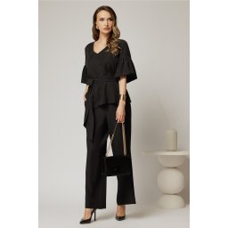 Compleu DY Fashion negru de zi din bluza si pantalon cu adaos de viscoza si croi lejer