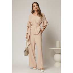 Compleu DY Fashion bej de zi din bluza si pantalon cu adaos de viscoza si croi lejer