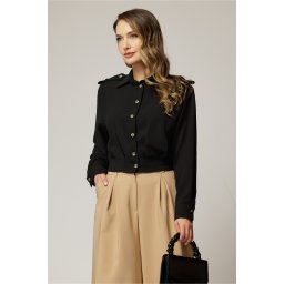 Camasa neagra casual scurta in talie cu epoleti pe umeri