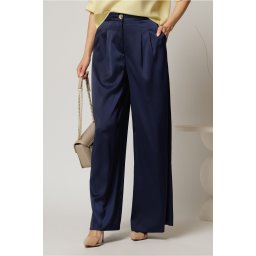 Pantaloni dama bleumarin din satin cu croi larg