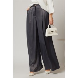 Pantaloni dama gri din satin cu croi larg