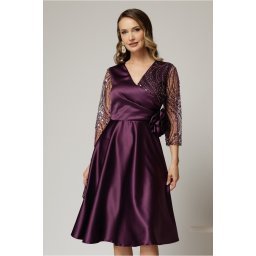 Rochie Azaleea midi mov din tafta cu paiete la bust si funda maxi in talie