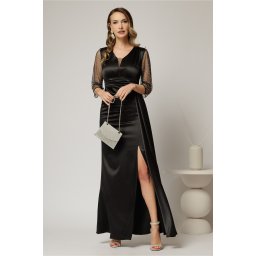 Rochie Alora lunga eleganta din tafta neagra cu pietre pe maneci