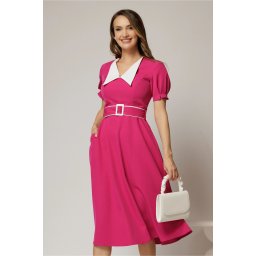 Rochie midi fucsia cu guler alb in contrast si cordon cu insertii
