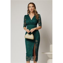 Rochie midi verde de ocazie din dantela conica si decolteu petrecut