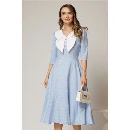 Rochie midi bleu cu buline si guler amplu croi clos