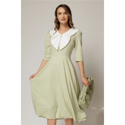 Rochie midi verde fistic cu buline si guler amplu croi clos