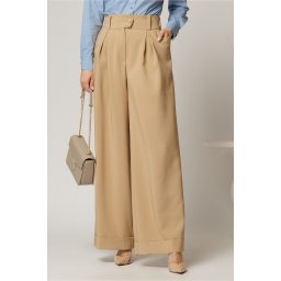 Pantaloni DY Fashion bej cu croi lejer si talie lata