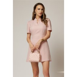 Rochie DY Fashion scurta roz cu mic decupaj in V la decolteu si fusta tip A