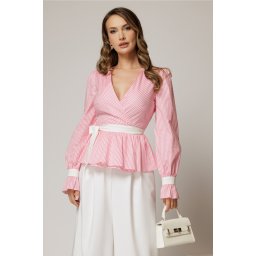 Bluza DY Fashion roz in dungi din poplin cu decolteu petrecut si maneci evazate
