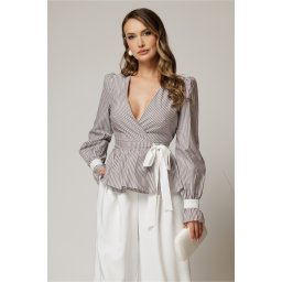 Bluza DY Fashion gri in dungi din poplin cu decolteu petrecut si maneci evazate