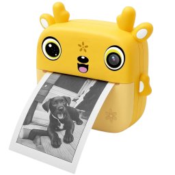 Camera foto copii cu imprimare instant, HD, video, jocuri, USB-C, 3 role, galben
