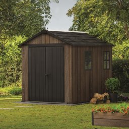 Casuta de gradina, Keter, maro nuc, 287x230x246 cm, colectie Apex 7.5x9/9x7.5, cu doua optiuni de asamblare, usa dubla, ferestre, ventilatie