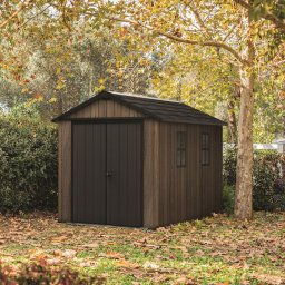 Casuta de gradina, Keter, maro nuc, 350x230x246 cm, colectie Apex 7.5x11/11x7.5, cu doua optiuni de asamblare, usa dubla, ferestre, ventilatie