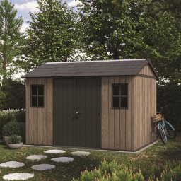 Casuta de gradina, Keter, bej, 350x230x246 cm, colectie Apex 7.5x11/11x7.5, cu doua optiuni de asamblare, usa dubla, ferestre, ventilatie