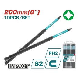 Set 10 biti de impact TOTAL PH2, 200 mm, magnetici, otel S2
