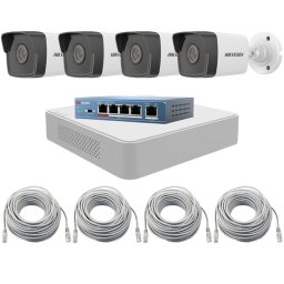 Sistem supraveghere IP Hikvision exterior cu 4 camere Full HD, NVR si PoE