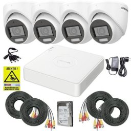 Sistem supraveghere Hikvision cu 4 camere 2MP, audio, Dual Light 20 m, HDD 500GB