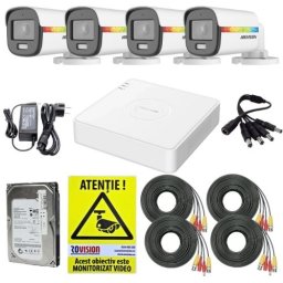 Sistem supraveghere Hikvision cu 4 camere ColorVu 2MP, audio si HDD 500GB