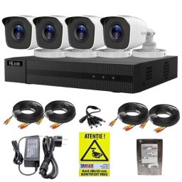 Sistem supraveghere HiLook cu 4 camere exterior Full HD 2MP, DVR si HDD 500GB