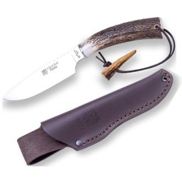 Cutit Joker Flecha cu teaca din piele, lama inox 12,5 cm, maner corn de cerb