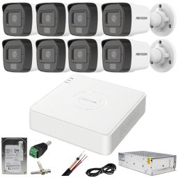 Sistem supraveghere Hikvision cu 8 camere 2MP audio, Dual Light si HDD 1TB