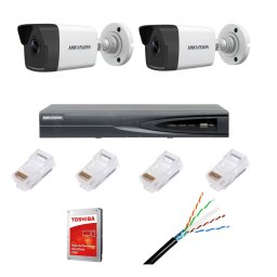Sistem supraveghere video Hikvision cu 2 camere IP 4MP, NVR 4K si HDD 1TB