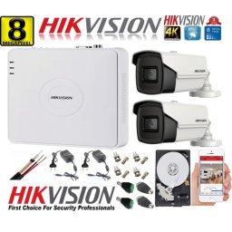 Kit supraveghere Hikvision 2 camere 8MP 4K, DVR 4 canale, IR 80m, HDD inclus