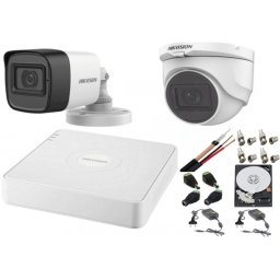 Sistem supraveghere Hikvision cu 2 camere audio 2MP, DVR 4 canale, HDD 500 GB