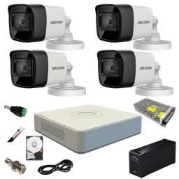 Sistem supraveghere Hikvision 4 camere exterior 5MP IR 80 m cu UPS si HDD