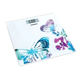 Cantar de baie HBS-150BTF, 150kg, Platforma din sticla securizata 6mm, 30 x 30 cm,Baterie inclusa CR2032, Alb/Abstract