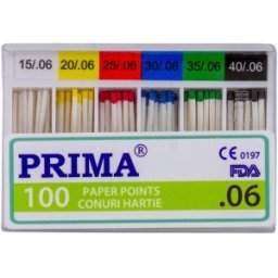 Set 2 x 100 Conuri din Hartie Absorbanta .06 Taper, Asortate Nr.15-40, pentru Uscarea Canalelor Radiculare, Prima