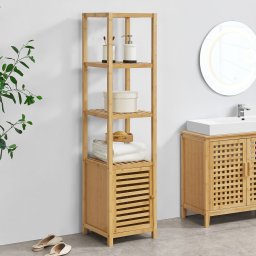 Raft de baie din bambus Liminka cu dulap si 4 polite, 140x34x33 cm