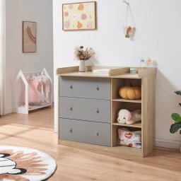 Comoda de înfasat Beldinupp cu blat detasabil, 3 sertare, stejar/gri