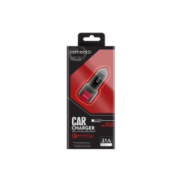 Lemontti Set Incarcator Auto Fast Charge 3.1A 2 porturi USB-A QC 3.0 + USB-A si cablu MicroUSB 1m Negru-Rosu