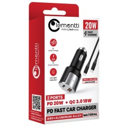 Lemontti Incarcator Auto Fast Charge 1 x port PD Type-C 20W + 1 x port USB-A QC 3.0 18W cu cablu Type-C la Type-C 20W, 1m