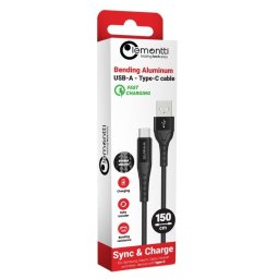 Lemontti Cablu Bending Aluminum USB-A la Type-C, Fast Charge, 1.5m, Negru
