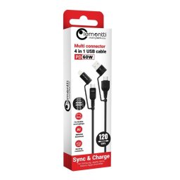Lemontti Cablu Multi connector 4 in 1, USB-A & Type-C la Type-C & Lightning, PD 60W, 1.2m, Negru