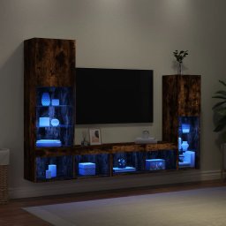 Unitati de perete TV cu LED-uri, 4 piese, stejar fumuriu, lemn GartenMobel Dekor